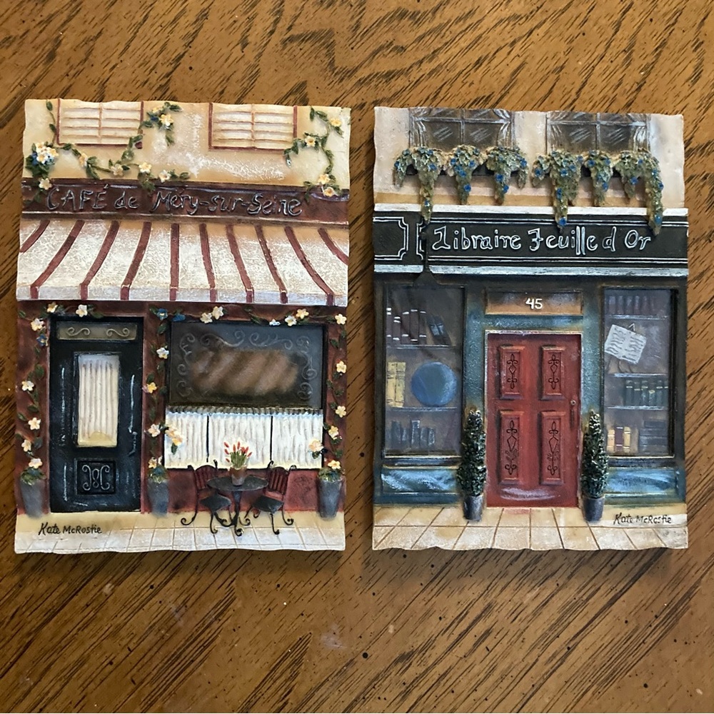 Kate McRostie French Storefronts Cafe Bookstore Resin Wall Plaques Set of 2